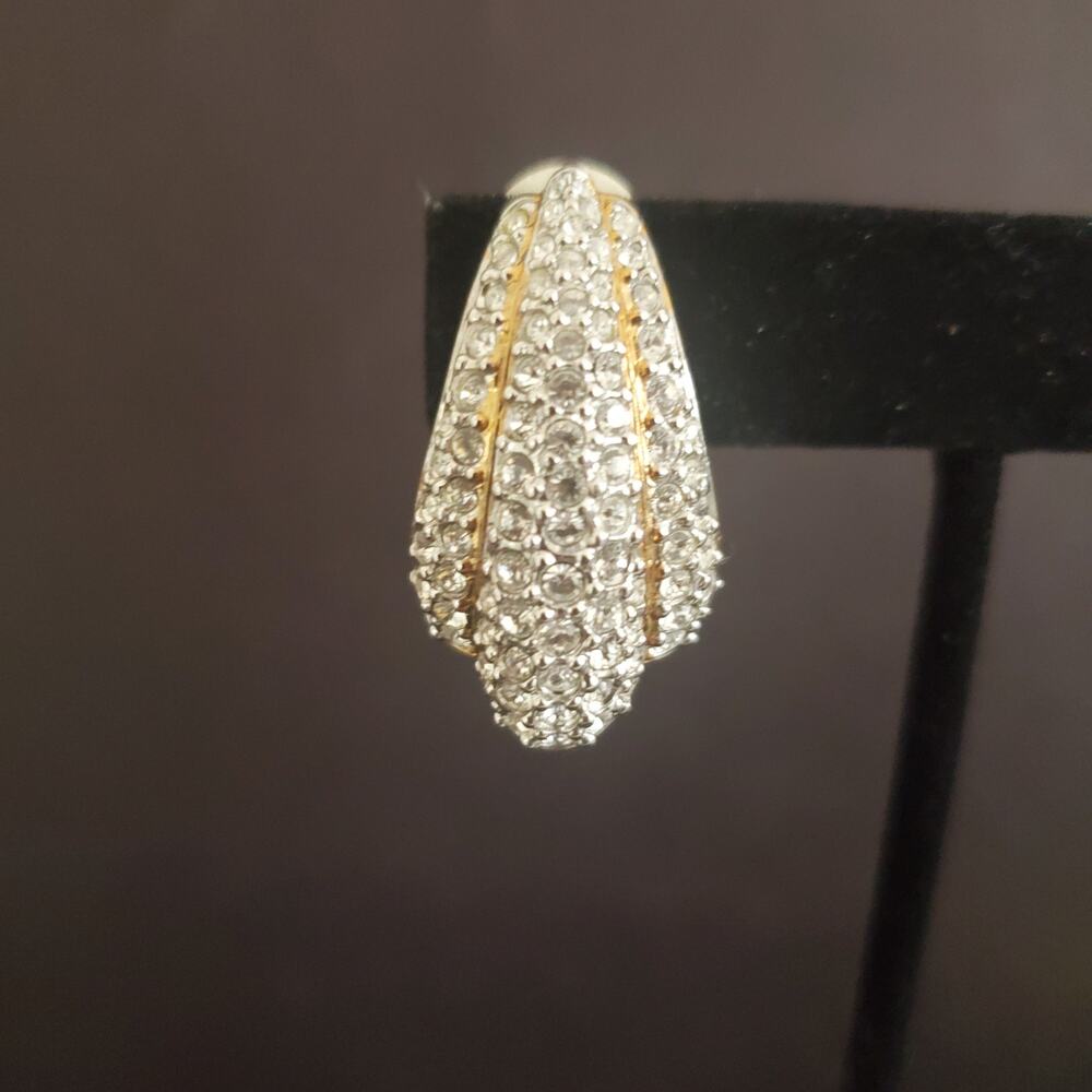 VTG Swarovski Large Earrings Clip On Pave Crystals Gold Plated 80's Swan Signed - Picture 6 of 8